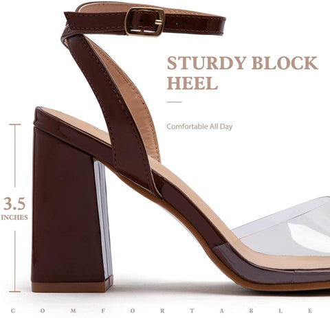 Putu Women's Clear Square Open Toe Heeled Sandals Ankle Strap Chunky Block High Heels Buckle Strappy Dressy Heeled Sandals