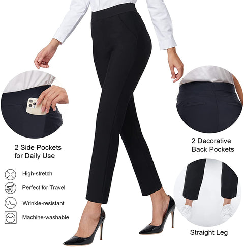 Ginasy Black Dress Pants for Women Business Casual High Waisted Stretch Yoga Work Pants Elastic Office Trousers with Pockets