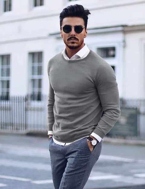 Men Knit Dress Sweater Slim Fit Crew Neck Long Sleeve Pullover Sweater