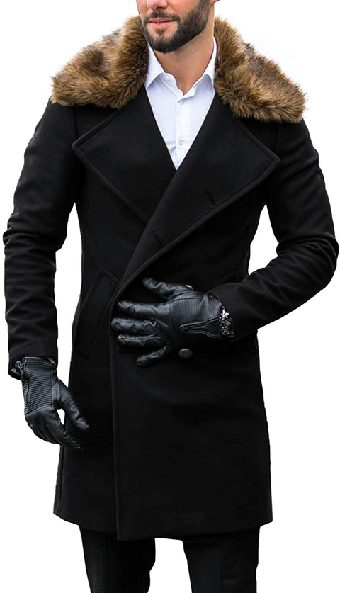 Mens Stylish Trench Coat Removable Faux Fur Collar Topscoat Double Breasted Winter Overcoat Warm Long Pea Coat