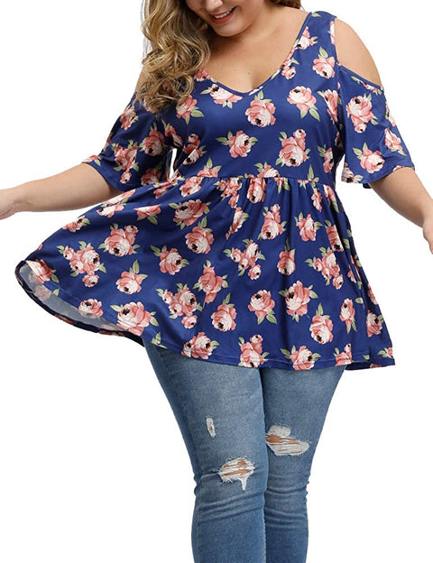 Women's Plus Size Sexy V Neck Open Back Tops Floral Print Cold Shoulder Pleated Flowy T Shirts