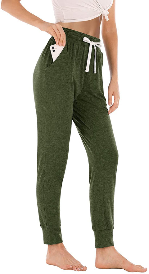 Yoga Pants with Pockets for Women Drawstring High Waisted Pants Loose Workout Joggers Pants Army Green Small