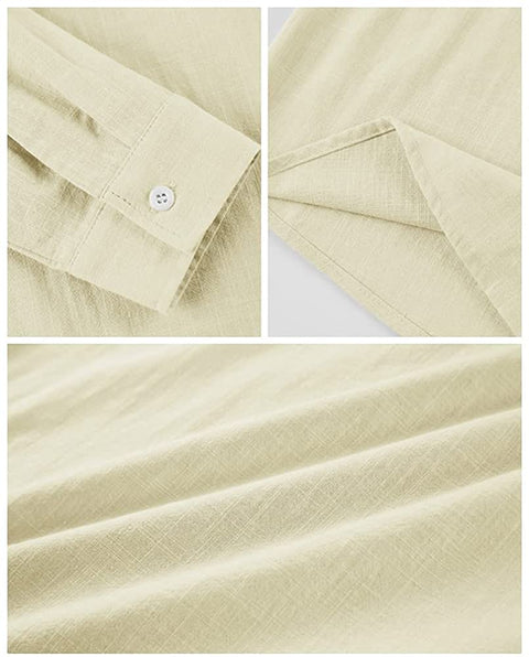 Men's Long Sleeve Henley Shirt Cotton Linen Loose Casual Hippie Tee Lightweight Summer Solid Beach Yoga Tops Beige