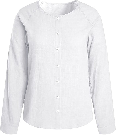 Womens Button Down Work Blouse Long Sleeve Cotton Linen Shirt Loose Casual Summer Tops