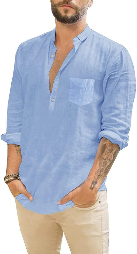 Men's Long Sleeve Henley Shirt Cotton Linen Casual Hippie Tee Lightweight Summer Solid Beach Yoga Tops Blue