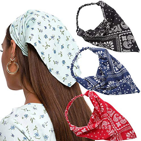 Floral Elastic Hair Scarf Headband - 3 PCS Chiffon Head Kerchief Headband Print Floral Hair Scarves with Hair Clips Kerchief Head Scarf Hair Bandanas for Women (White/Beige/Purple)