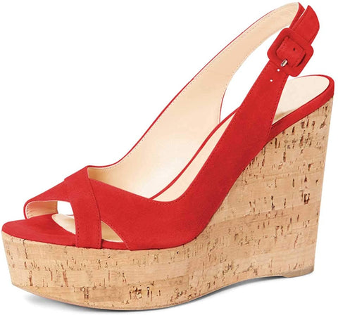 FSJ Women Summer Platform Wedge High Heeled Sandals Peep Toe Slingback Dress Faux Suede Pump Size 4-15 US