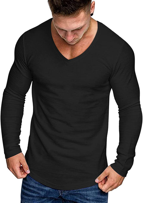 Men 2 Pack Muscle V Neck T Shirt Gym Athletic Fit Long Sleeves Tee Top