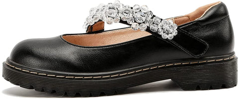 KANGFEINI Women's Mary Jane Shoes Gothic Faux Crystal Flower Patent Leather Gift Low Heel School Dress Party Loafers