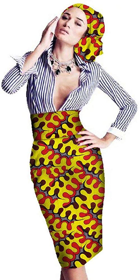 XIAOHUAGUA African Womens Wax Print Skirt Dashiki Plus Size Midi Dresses with Headwrap
