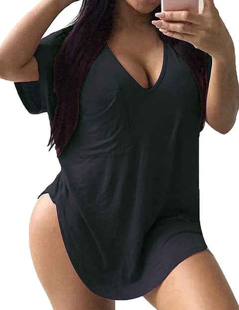Womens Casual Scoop Collar Plus Size T Shirts Black 1X & Side Split Tops Without Pockets White 1X