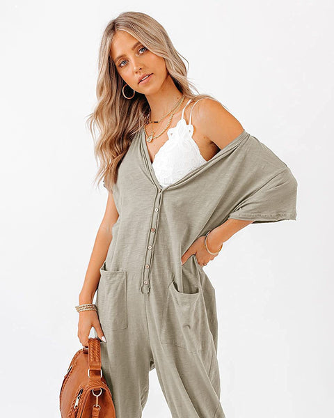 Plus Size Women's One Piece Button Up Jumpsuit Casual Loose Short Sleeve V Neck Onesies Rompers with Pockets