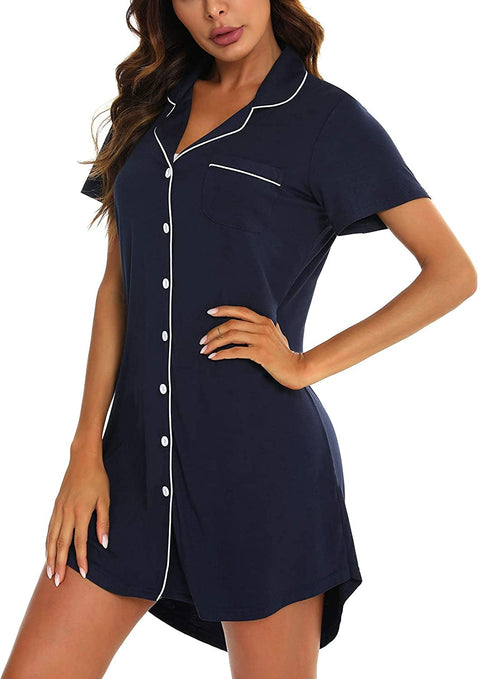 Pajama Nightgown for Women Short/Long Sleeve Button Down Nightwear Top Boyfriend Sleep Shirts Nightdress S-XXL