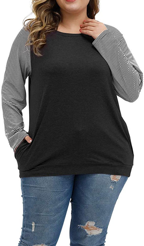 Plus Size Tops Women Casual Long Sleeve T Shirts Stripe Loose Blouses with Pocket