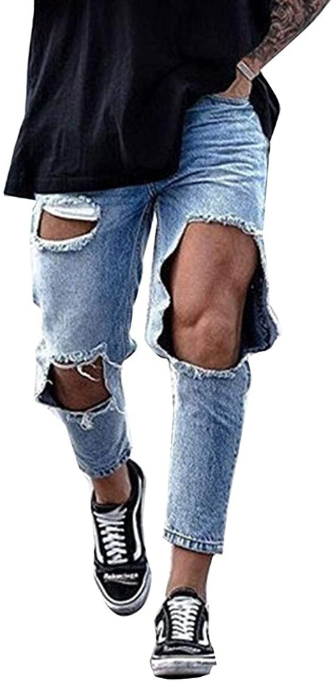 Men's Broken Holes Knee Distressed Skinny Ripped Moto Biker Hiphop Slim Leg Denim Pants