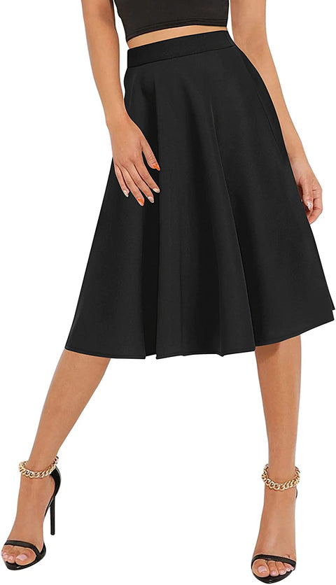 Women's Basic Elastic Waist A-line Solid Flared Midi Skirt
