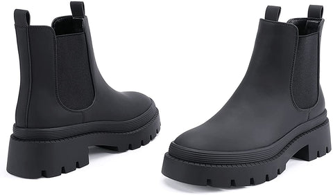 EETTARO Women's Low Heel Chelsea Boots Round Toe Elastic Ankle Boot Ladies Slip On Waterproof Leather Booties