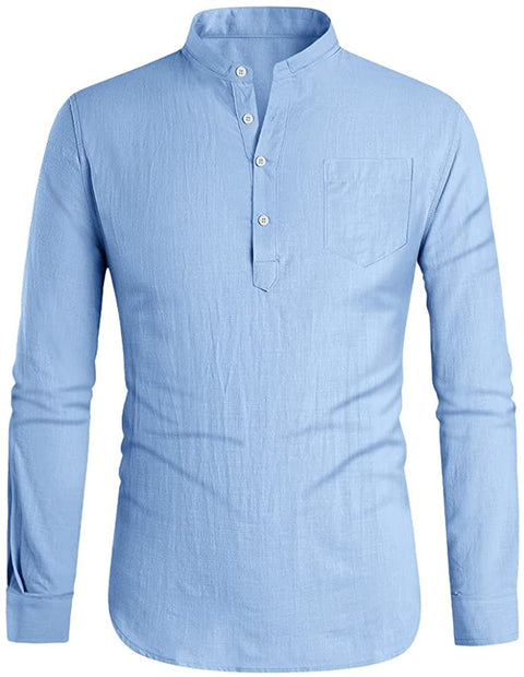 Men's Long Sleeve Henley Shirt Cotton Linen Casual Hippie Tee Lightweight Summer Solid Beach Yoga Tops Blue