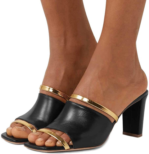 FSJ Women Open Peep Toe High Heel Slide Sandals Backless Slip on Clogs Mules Gold Band Casual Shoes Size 4-15 US
