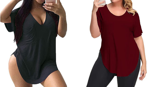 Womens Casual Scoop Collar Plus Size T Shirts Black 2X & Side Split Tops Without Pockets Wine Red 2X