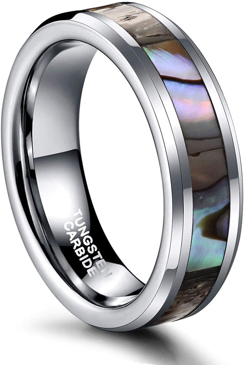 6mm 8mm Tungsten Ring Abalone Inlay Natural Silver Wedding Band for Men Women Comfort Fit Size 4-15