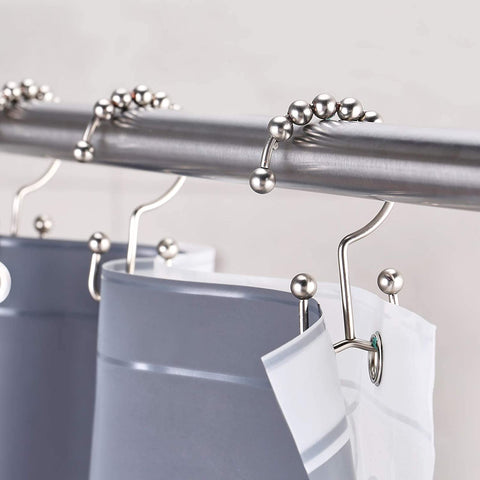 BAGAIL Double Shower Curtain Hooks,Matte Nickel Stainless Steel Shower Curtain Rings,Rust Proof Metal Double Glide Shower Hooks for Bathroom Shower Rods,Set of 12 Hooks