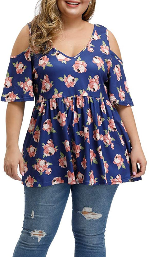 Women's Plus Size Sexy V Neck Open Back Tops Floral Print Cold Shoulder Pleated Flowy T Shirts