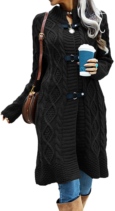 Womens Sweater Cardigans Turtleneck Long Open Front Cardigan Cable Knit Sweaters with Leather Buckle Coat