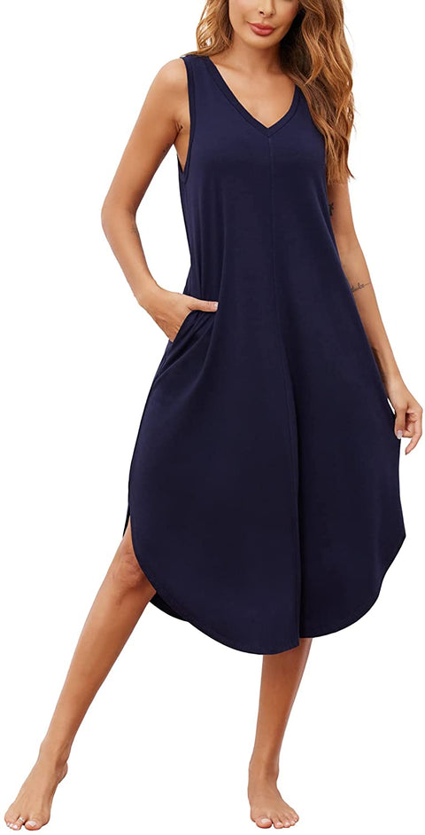 Ekouaer Women's Sleeveless Long Nightgown Full Slip Night Dress Chemise Sleepwear Lounge Dresses S-XXL Navy Blue