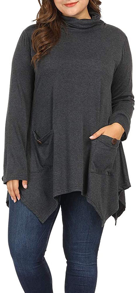 Women Plus Size Long Sleeve Turtleneck Long Tunic Top Flowy Irregular Hem Shirts