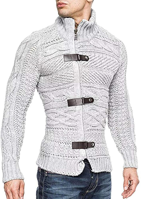Karlywindow Mens Cable Knitted Cardigan Sweater Turtleneck Long Sleeve Slim Fit Winter Zipper Front Casual Pullover Sweaters