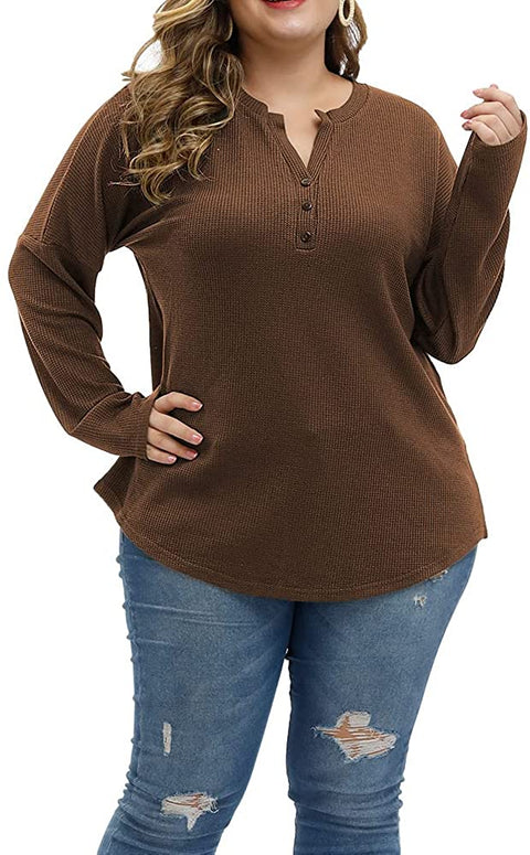 Women Plus Size Tops Lightweight Fall Long Sleeve Knit Sweatshirts Warm Cozy Casual Henley Shirts