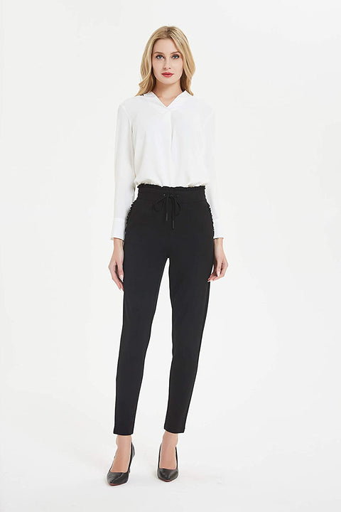 Womens Comfy Stretch Slim Skinny Ponte Pants with Ruffles Details