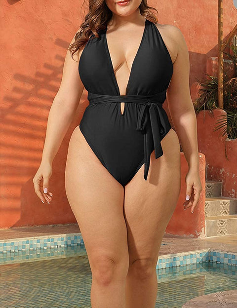 Women Plus Size Swimsuits One Piece Sexy Deep V Self Tie Halter Monokinis