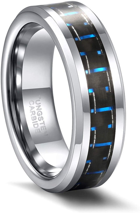 TRUMIUM 6mm 8mm Black Blue Tungsten Ring Carbon Fiber Inlay Wedding Band for Men Women Size 4-15