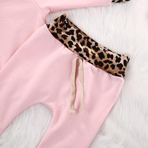 Baby Girls Newborn Clothing Sets Flowers Pink Leopard Long Sleeve Hoodie Tops Pants Outfit
