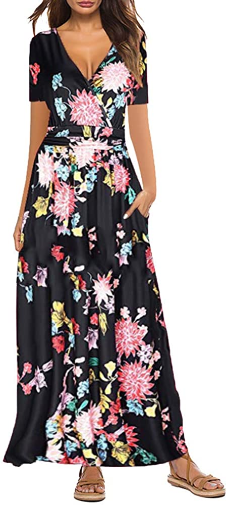 Women's V Neck Short Sleeve Floral Print Dress Maxi Casual Dresses