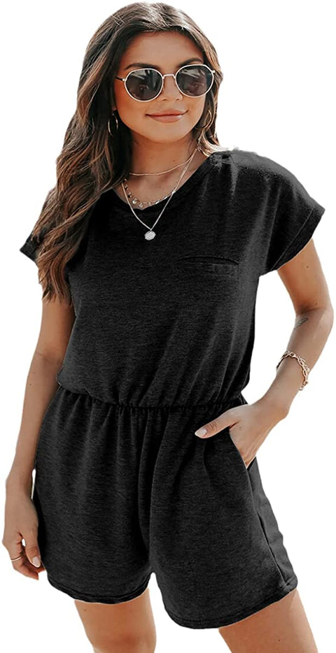 Dyexces Womens Crew Neck Rompers Summer Shorts Loose Tie Short Sleeve Stretch Waist Rompers with Pockets