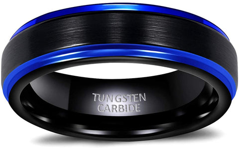 TRUMIUM 6mm 8mm Tungsten Wedding Ring Band for Men Women Black Blue Two Tone Brush Finish Scratch Resistant Size 6-13