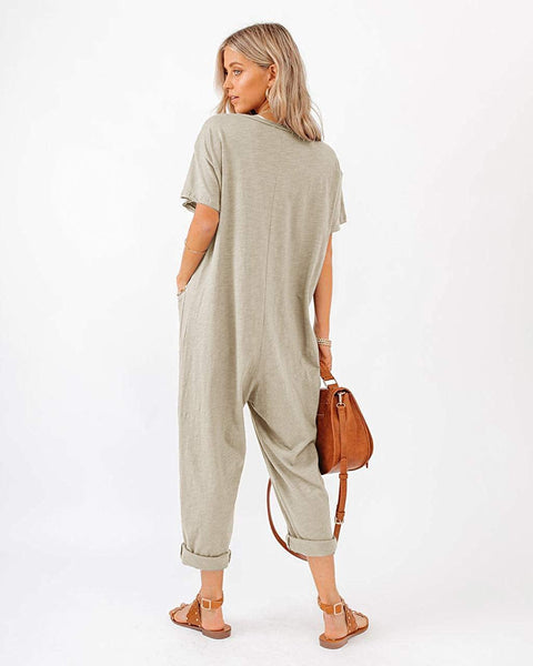 Plus Size Women's One Piece Button Up Jumpsuit Casual Loose Short Sleeve V Neck Onesies Rompers with Pockets