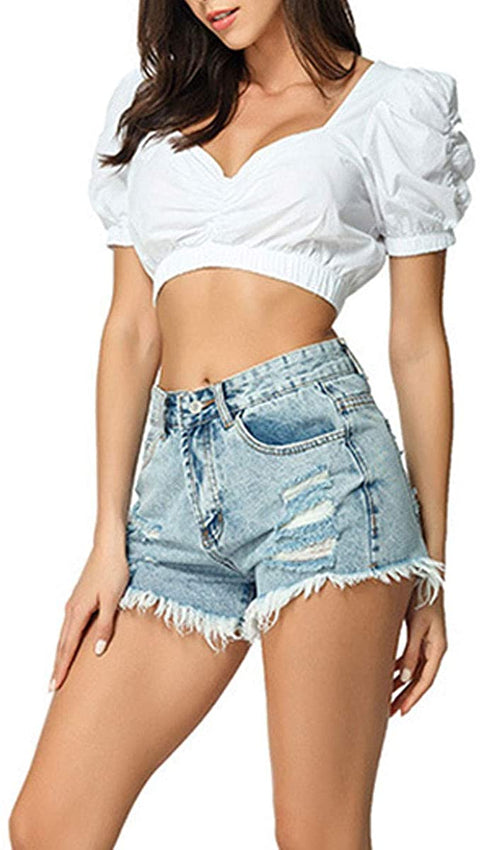 Women's Summer Casual Distressed Solid Ripped Frayed Hem Mid Waist Denim Shorts