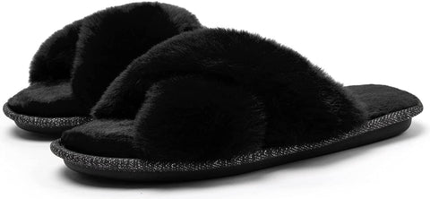 Women's Cross Band Furry Slippers Cozy Plush House Slippers Open Toe Soft Fuzzy Slippers Slip on Comfy Indoor Slippers