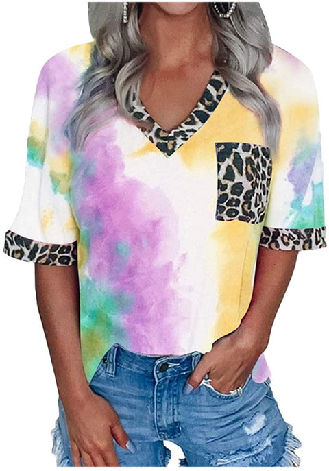 Women's Summer Tie Dye Printed T Shirt Casual Leopard Patchwork Short Sleeve Tee