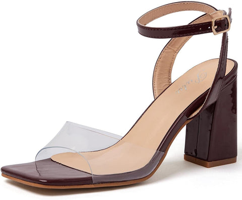 Putu Women's Clear Square Open Toe Heeled Sandals Ankle Strap Chunky Block High Heels Buckle Strappy Dressy Heeled Sandals