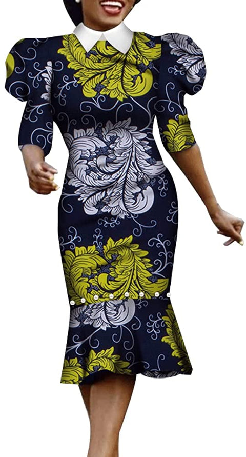 XIAOHUAGUA African Dashiki Print Dresses for Women Half Puff Sleeve Pearls Elegant Party Dress
