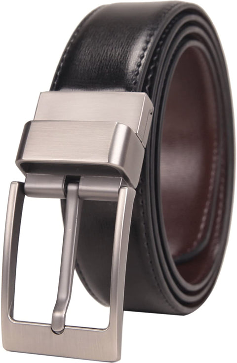Beltox Fine Men's Dress Belt Leather Reversible 1.25" Wide Rotated Buckle Gift Box (26-28, Silver Rotated Buckle)