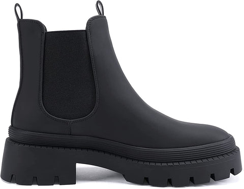 EETTARO Women's Low Heel Chelsea Boots Round Toe Elastic Ankle Boot Ladies Slip On Waterproof Leather Booties