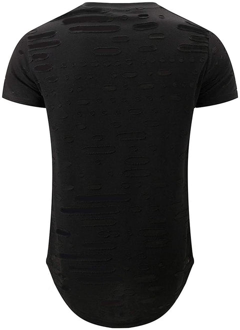 KLIEGOU Mens Hipster Hip Hop Ripped Round Hemline Hole T Shirt (05-3)