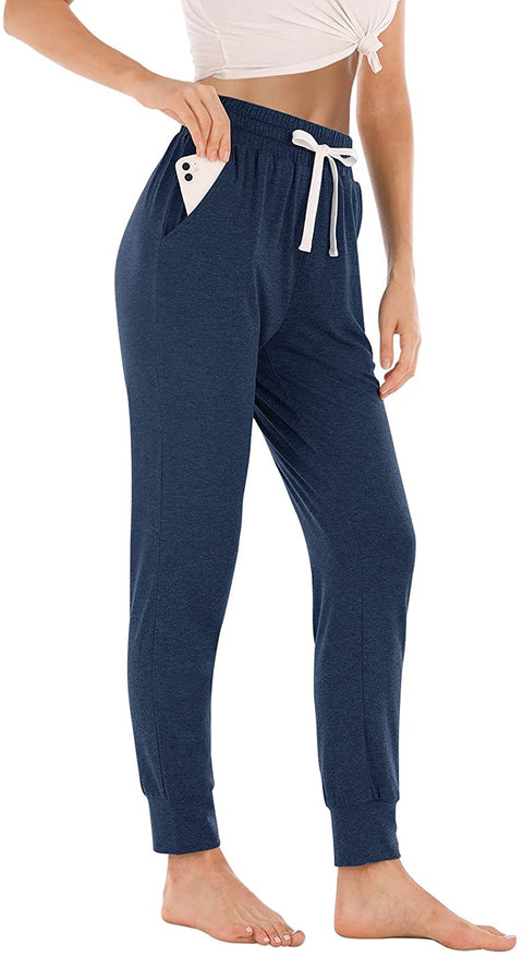 Yoga Pants with Pockets for Women Drawstring High Waisted Pants Loose Workout Joggers Pants Navy Blue Medium