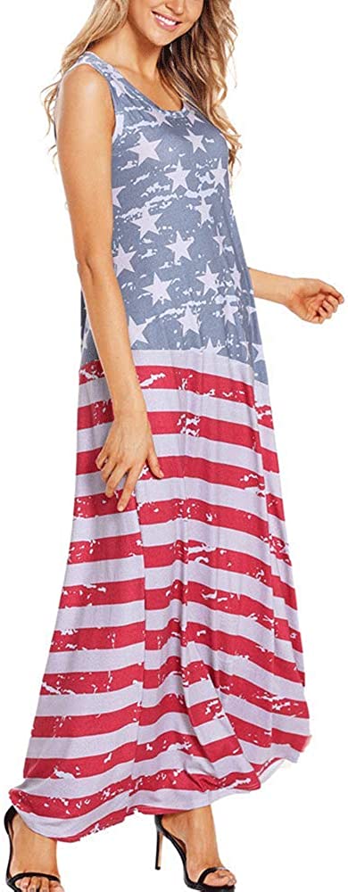 Women's American Flag Printed Round Neck Sleeveless Dress Long Casual Skirt